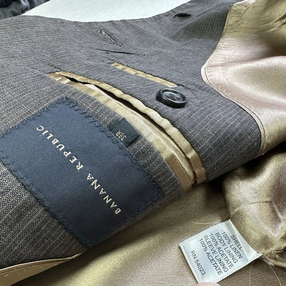 Banana Republic Linen Blazer Sport Coat Slub Men 38R Brown Beige Stripe